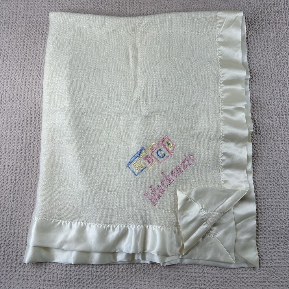 Faribo Baby Blanket Wool Blend Waffle Weave Satin Trim White Ivory USA Vtg 44x53